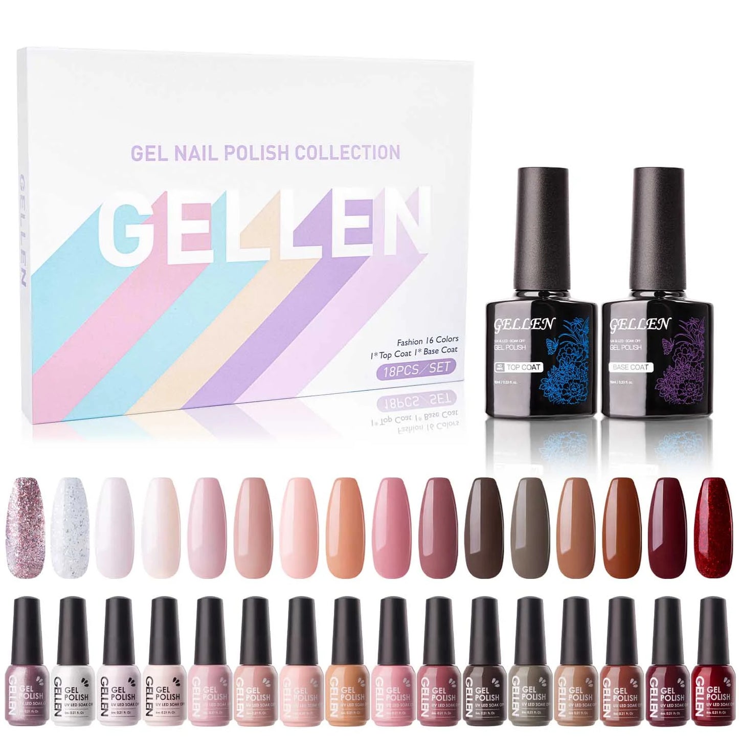 Gel Nail Polish Kit, 16 Colors Gel Polish Nudes Pink Red Brown Soak off Nail Gel Polish Set with Top and Base Coat, UV Nail Gel DIY Salon Nail Art Valentine Gift for Women