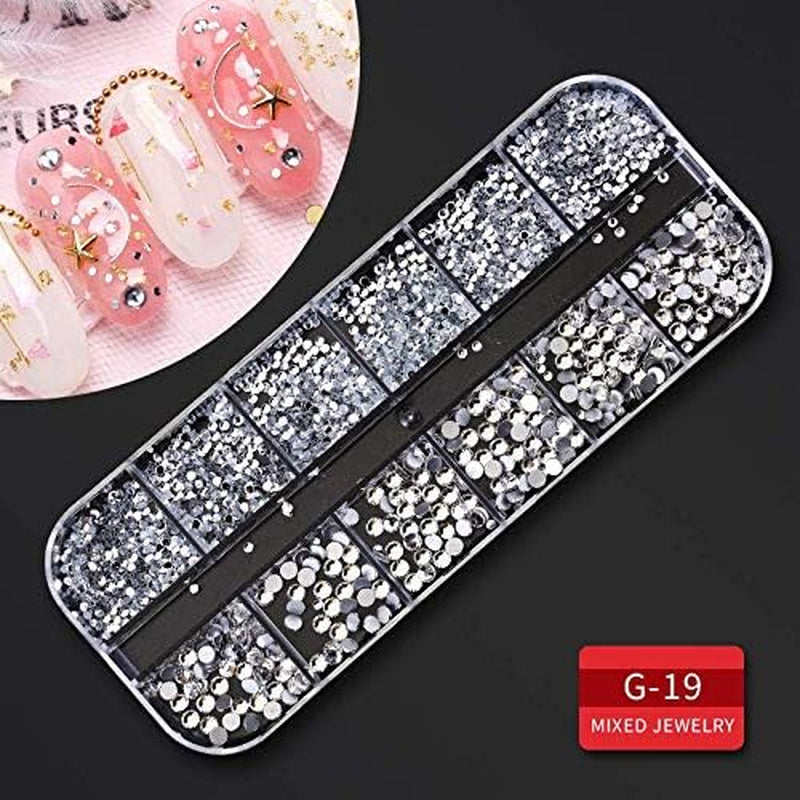 9 Boxes Nail Rhinestones Glitter Gems Diamonds Studs Crystals Sequins Kit with 1 Tweezers and 3 Pen for Nail Art Supplies Accessories
