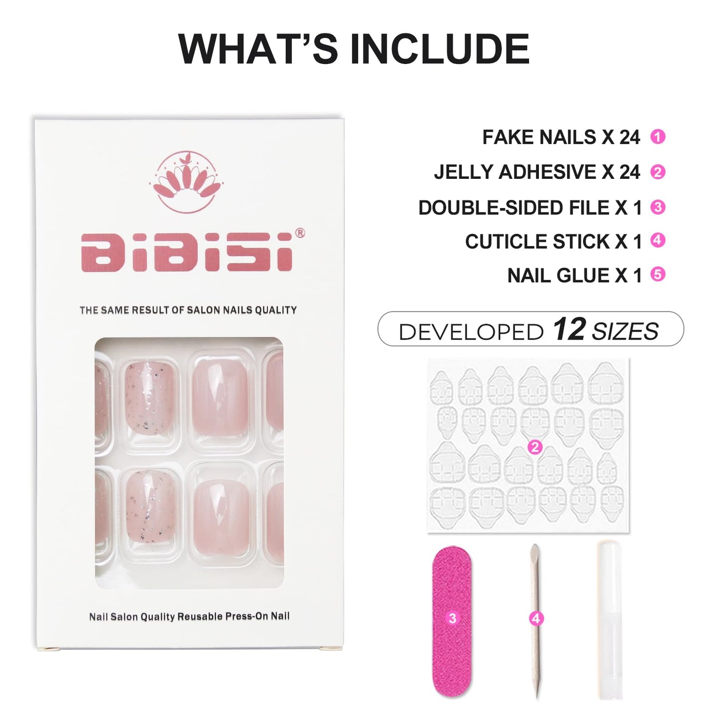 Short Press on Nails Square Clear Light Pink Glitter Design Acrylic Gel Fake Nails Kit with Glue, Fall Press on Nails Natural Fit Nail Art Kit 24Pcs
