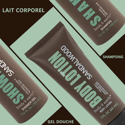 Gift for Men 3Pc Sandalwood Scented Mens Lotion Care Package for Men Gifts for Him Bath Set Gift Sets for Man Christmas Gifts for Husband Travel Size Toiletries for Man