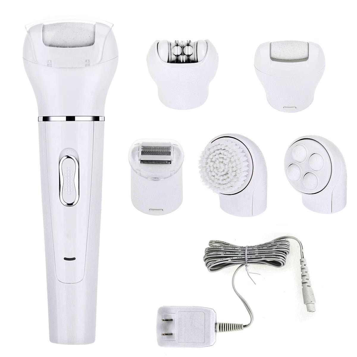 5-In-1 Electric Callus Remover Pedicure Buffer, Lady Shaver, Epilator, Facial Cleansing Brush & Face Massage - Wet & Dry