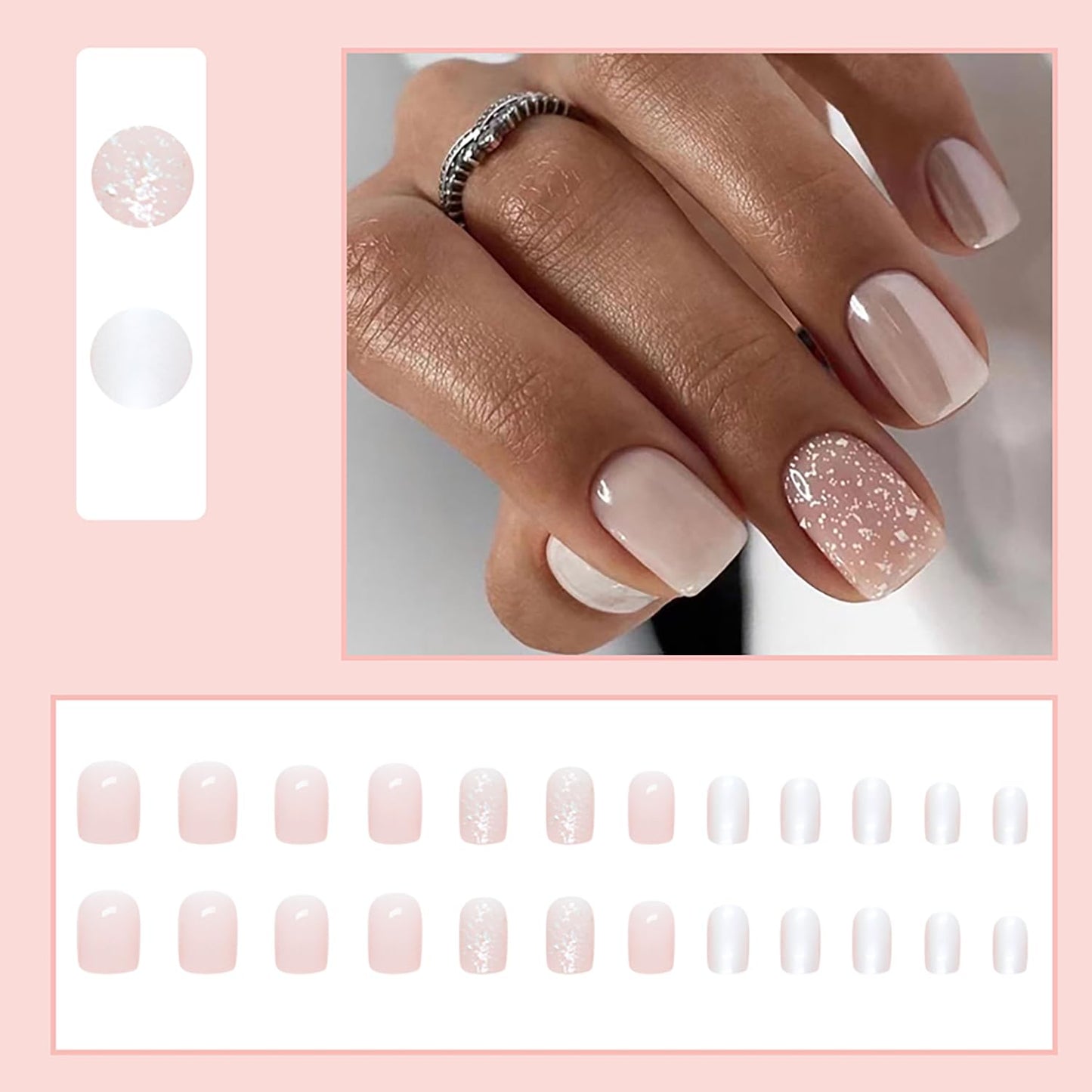 Short Press on Nails Square Clear Light Pink Glitter Design Acrylic Gel Fake Nails Kit with Glue, Fall Press on Nails Natural Fit Nail Art Kit 24Pcs