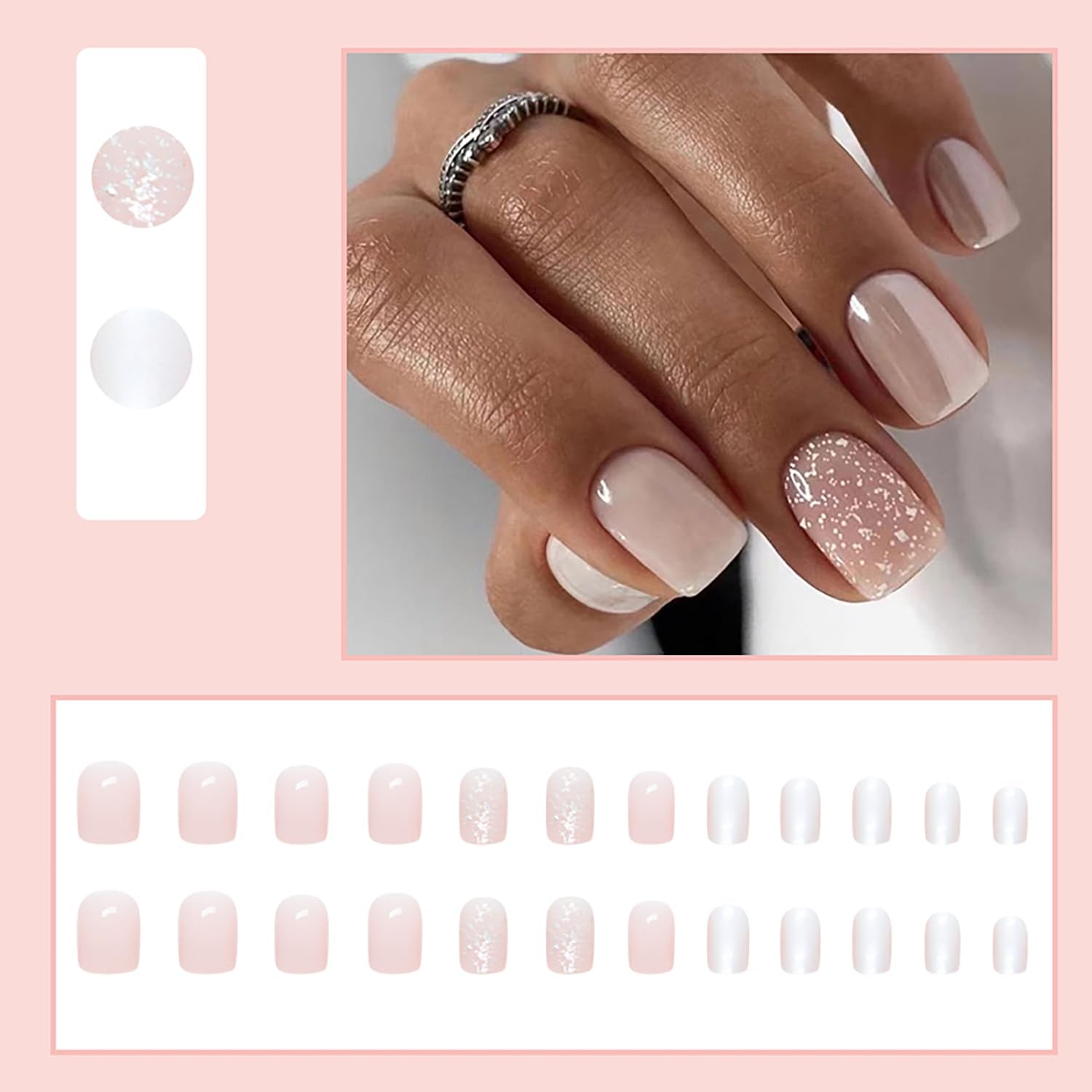 Short Press on Nails Square Clear Light Pink Glitter Design Acrylic Gel Fake Nails Kit with Glue, Fall Press on Nails Natural Fit Nail Art Kit 24Pcs