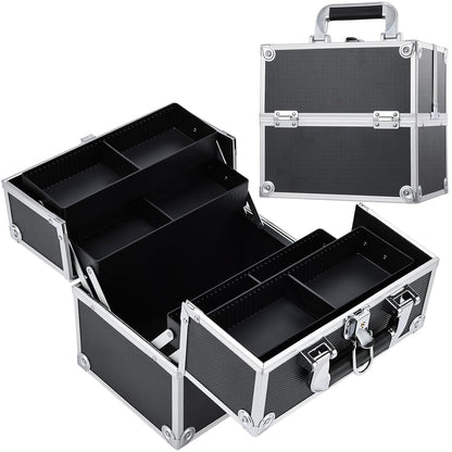 Makeup Train Case Cosmetic Organizer Case Professional Makeup Storage Box 4 Trays with Divider Lockable Travel Case Portable Travel Makeup Box for Makeup Artist, Carfter, Cosmetics Black