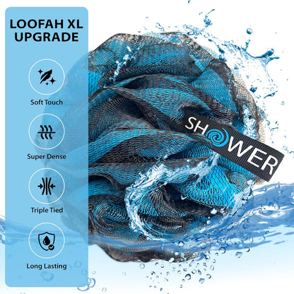 Loofah-Charcoal Bath-Sponge Xl-Color-4-Pack // Extra Large 75G Soft Mesh Black Luffa Loofa Loufa Puff Set/Exfoliating Body Scrubber for Women and Men - Exfoliate & Soothe Face & Body