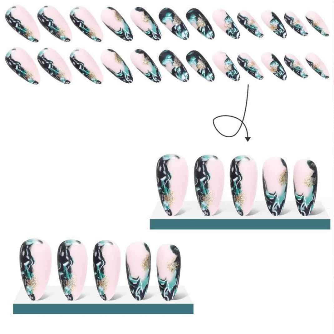 Almond Press-On Nails | Glossy Nude & Black Full Cover False Nails | 24-Piece Reusable Nail Set
