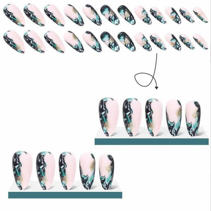 Almond Press-On Nails | Glossy Nude & Black Full Cover False Nails | 24-Piece Reusable Nail Set