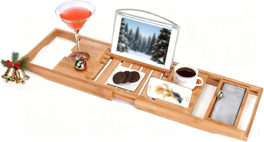 Bamboo Bathtub Caddy Tray Bath Tray for Tub, Adjustable Bathroom Bathtub Organizer with Book Tablet Wine Glass Cup Towel Holder