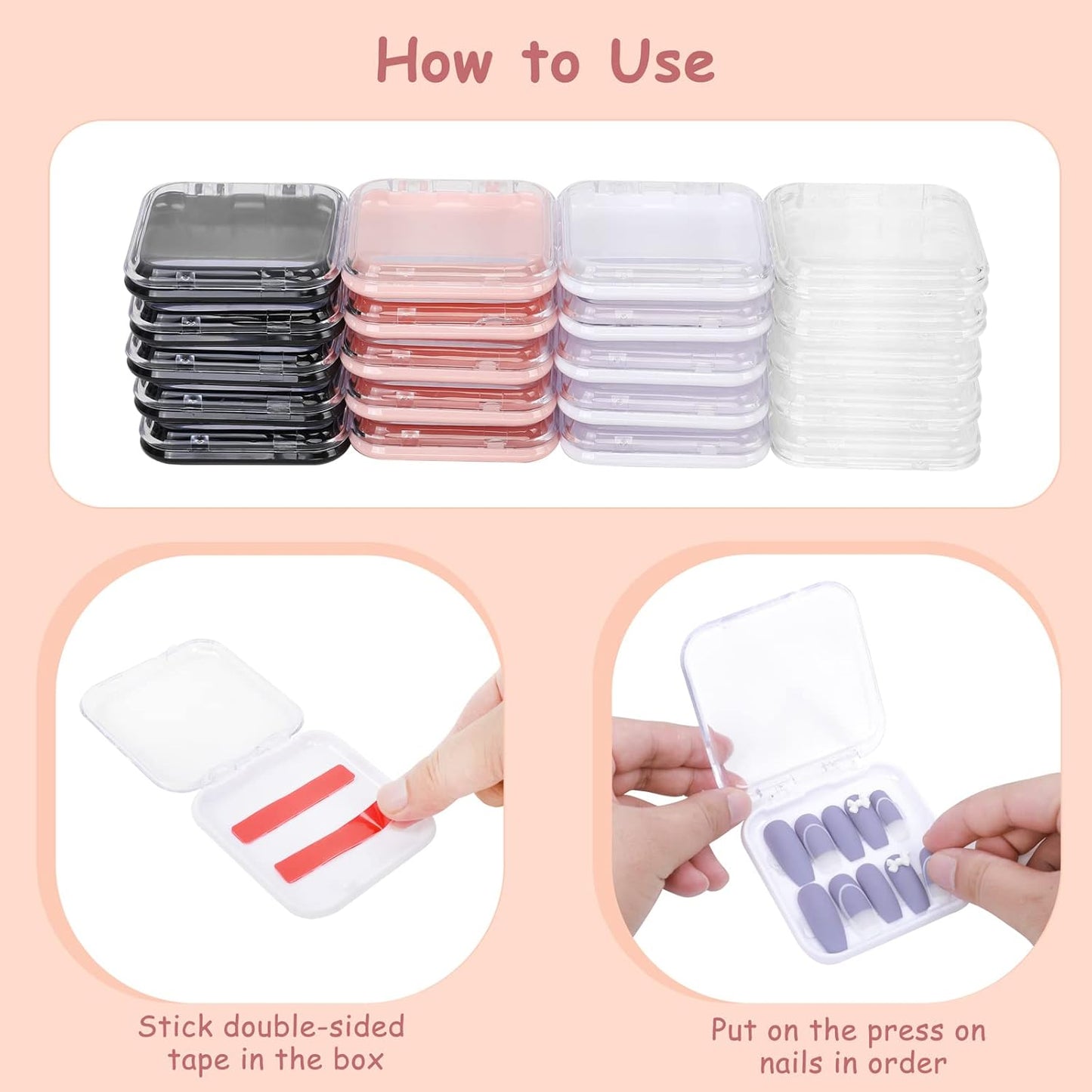 20Pcs Press on Nail Packaging Boxes with 60Pcs Double Sided Adhesive Nail Tape Acrylic Press on Nail Storage Box in 4 Colors Artificial Nail Display Box for Press on Nail Business Nail Art Nail Salon