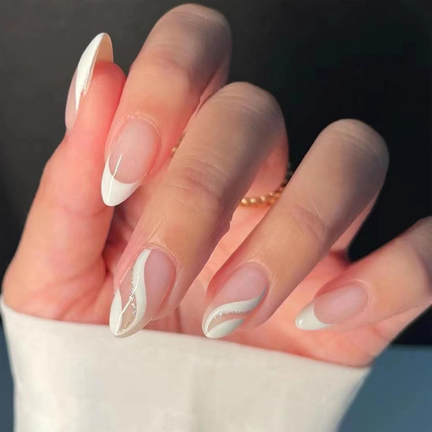 Black Press on Nails Medium Almond Fake Nails Matte False Nails Press Ons with Designs French Tip Acrylic Full Cover Glue on Nails Halloween Stick on Nail for Women Manicure 24 Pcs