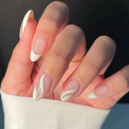 Black Press on Nails Medium Almond Fake Nails Matte False Nails Press Ons with Designs French Tip Acrylic Full Cover Glue on Nails Halloween Stick on Nail for Women Manicure 24 Pcs