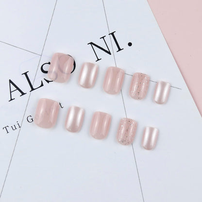 Short Press on Nails Square Clear Light Pink Glitter Design Acrylic Gel Fake Nails Kit with Glue, Fall Press on Nails Natural Fit Nail Art Kit 24Pcs