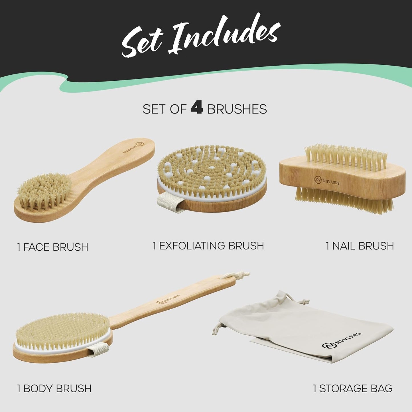 Natural Boar Bristle Dry Brush for Body Massage 5-Piece Set | Detachable Long Wooden Handled Back Scrubber for Shower , Body Scrubber Exfoliator , Face Brush , Manicure Tool & Travel Bag