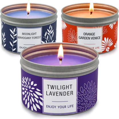 Scented Candle Gift Set for Women, 3 Pack Large Soy Wax Candles in Tins, 6.2 Oz Each, 30-35 Hr Burn, Lavender, Orange Blossom & Mahogany Woods