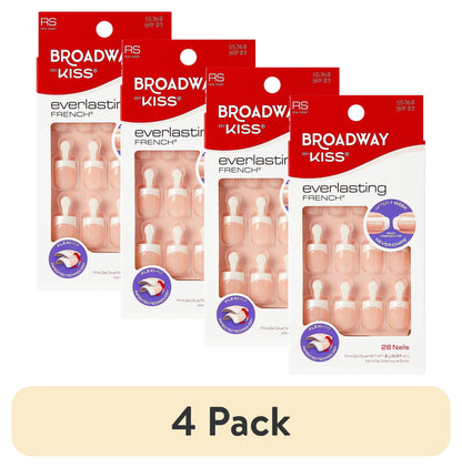 (4 Pack) Broadway by  French Tip Press on Nails, ‘String of Pearls’, White, Short Squoval, 28 Count