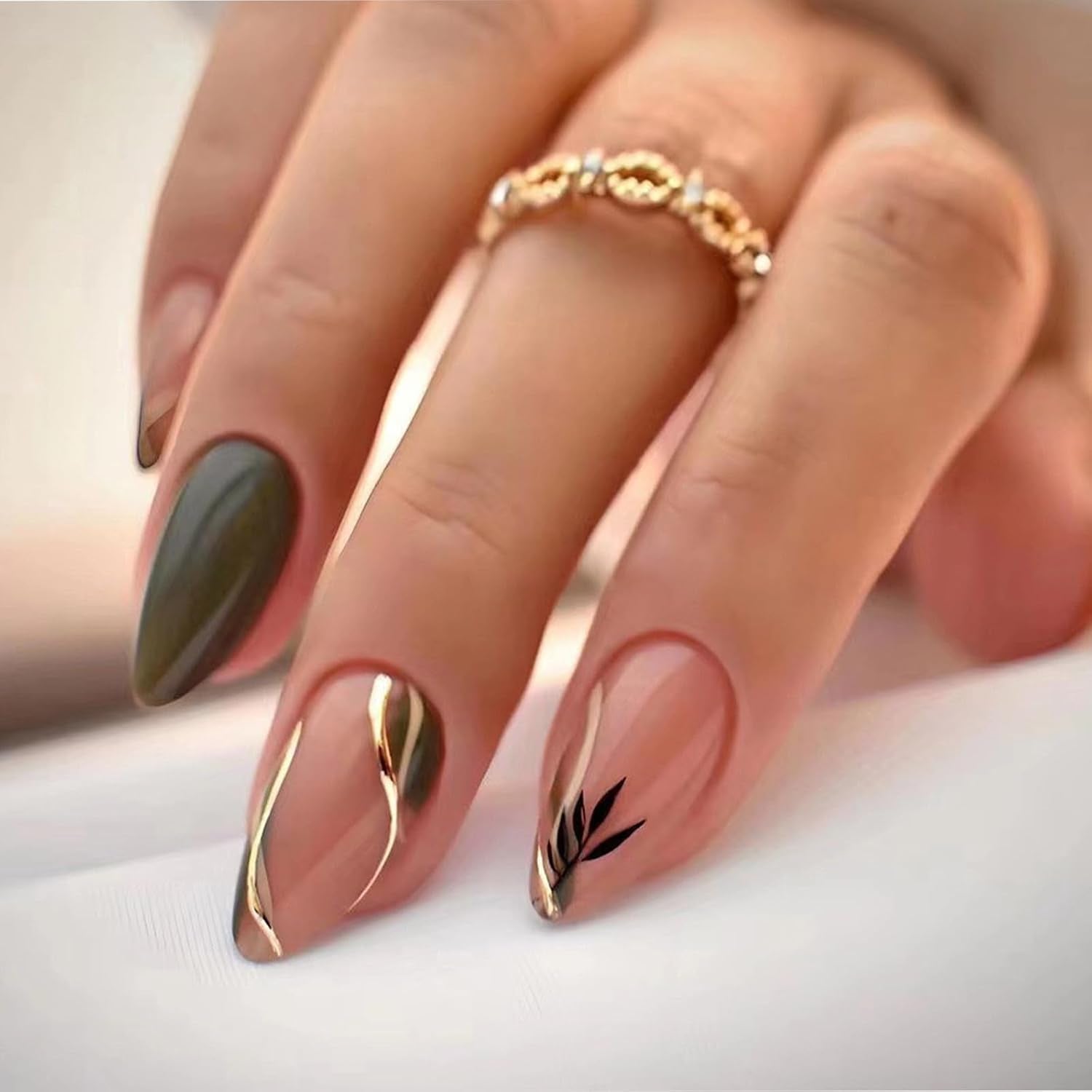 Black Press on Nails Medium Almond Fake Nails Matte False Nails Press Ons with Designs French Tip Acrylic Full Cover Glue on Nails Halloween Stick on Nail for Women Manicure 24 Pcs