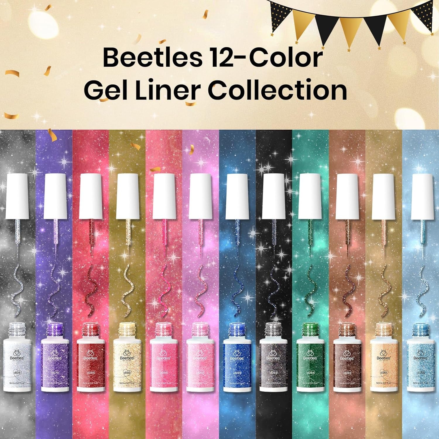 Beetles Nail Art Gel Liner Polish 12 Colors Reflective Glitter Gel Nail Polish, Gold Silver Pink Blue Purple Brown Black Kit Soak off Uv Nail Art Design Set Summer Manicure Gifts for Women