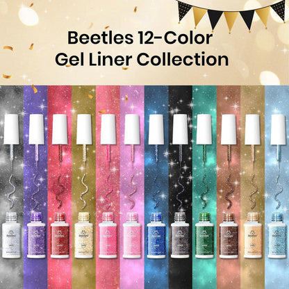 Beetles Nail Art Gel Liner Polish 12 Colors Reflective Glitter Gel Nail Polish, Gold Silver Pink Blue Purple Brown Black Kit Soak off Uv Nail Art Design Set Summer Manicure Gifts for Women