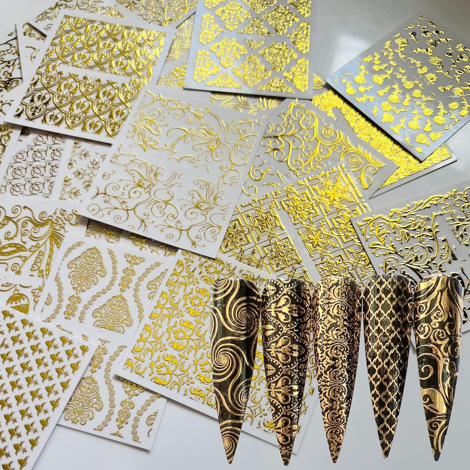 26Sheets Nail Art Adhesive Sticker Sheets Different Gold Color Luxury Shapes Sticker Nail Art Deco 10300