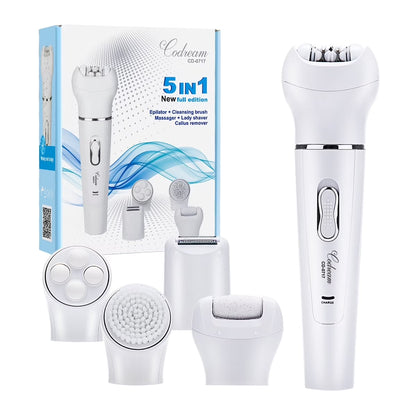 5-In-1 Electric Callus Remover Pedicure Buffer, Lady Shaver, Epilator, Facial Cleansing Brush & Face Massage - Wet & Dry
