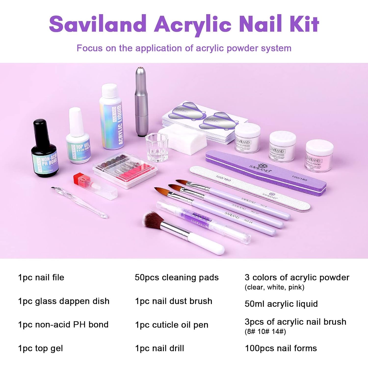 Acrylic Nail Kit with Drill: Professional Set for Beginners with 45G Acrylic Powder & 50Ml Liquid, Brush, Forms, Tools & Extension