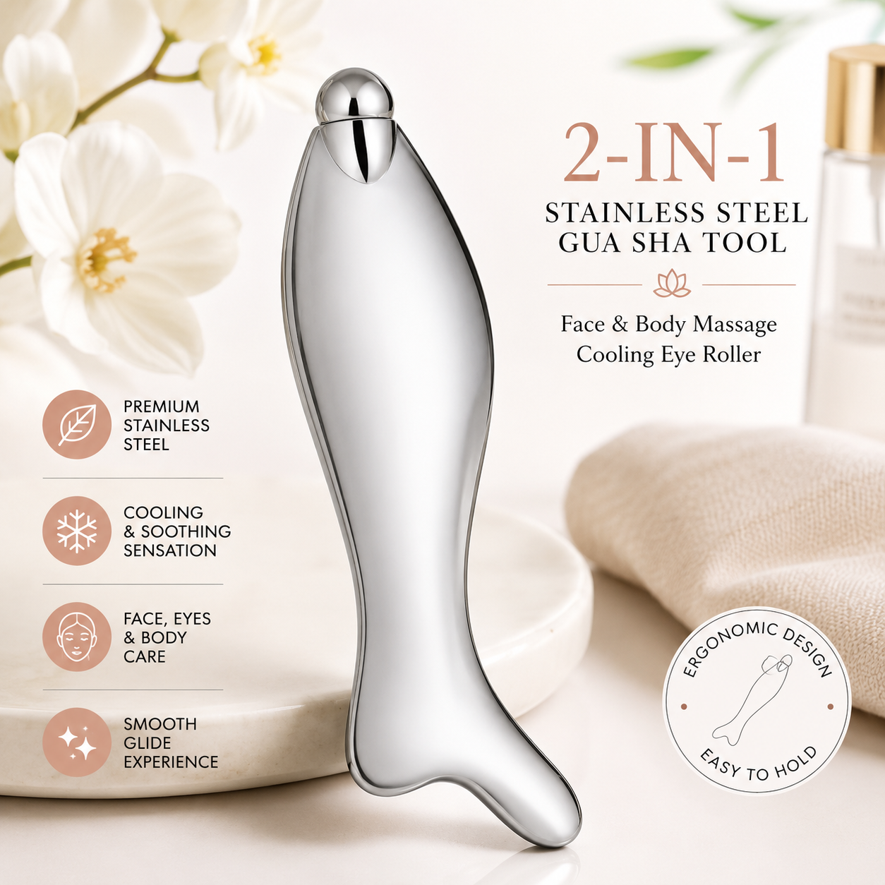 Stainless Steel Gua Sha Tool & Eye Roller | Cooling Face & Body Massage Tool for Skincare