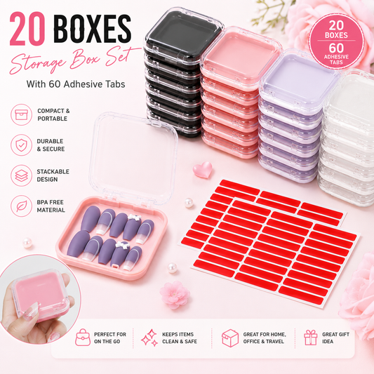 Press-On Nail Storage & Packaging Boxes (20 Pack) | Reusable Acrylic Display Cases with Adhesive Tabs | Perfect for Nail Businesses