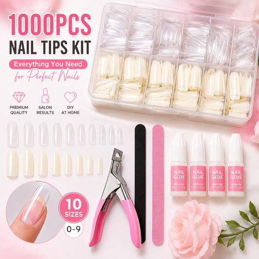 1000-Piece Acrylic Nail Tip Kit | Square & Coffin False Nail Tips with Manicure Tools
