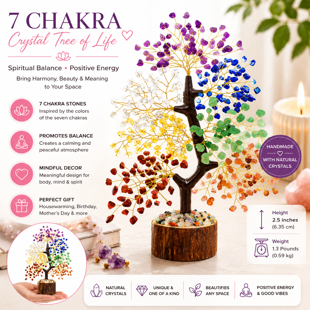 7 Chakra Crystal Tree of Life | Handmade Gemstone Decor for Home, Office & Meditation