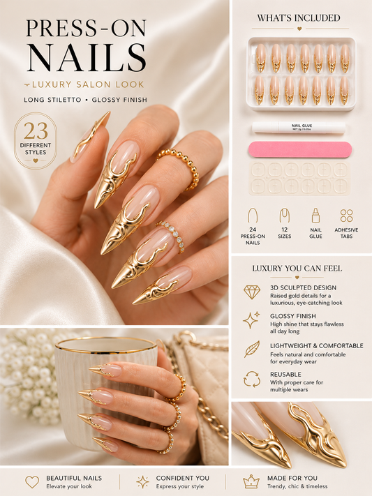 Luxury Press-On Nails | 23 Trendy Stiletto Styles • Reusable Full Nail Kit