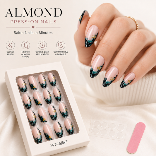 Almond Press-On Nails | Glossy Nude & Black Full Cover False Nails | 24-Piece Reusable Nail Set
