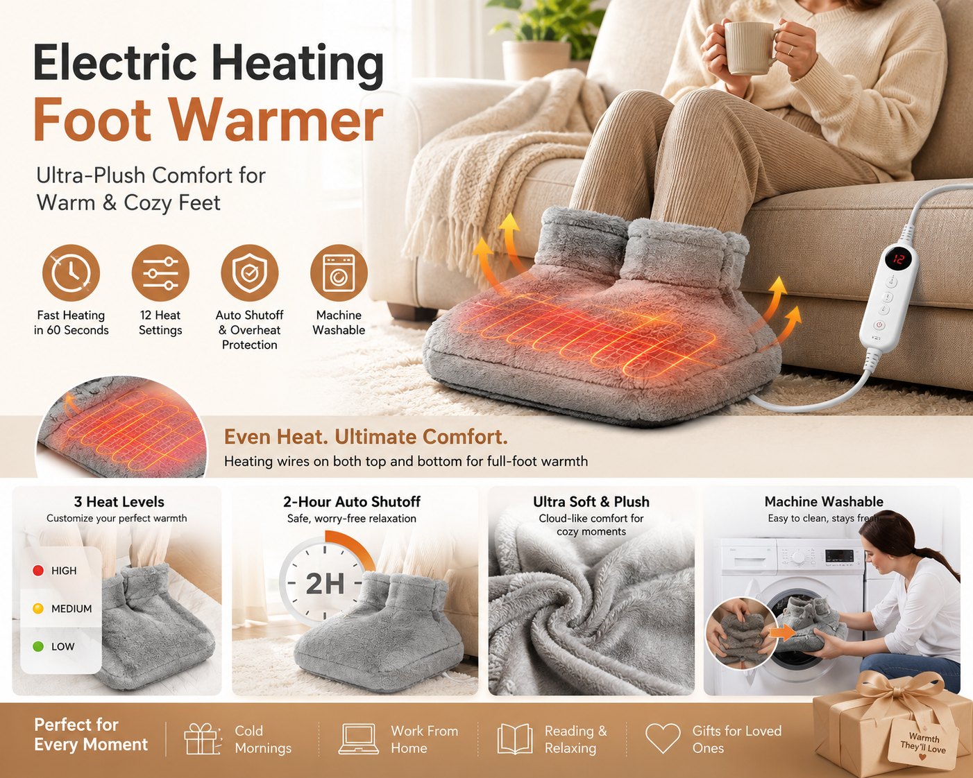 Heated Foot Warmer Pad | Plush Electric Foot Heater with 12 Heat Settings