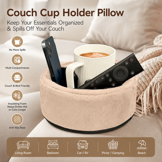 Couch Cup Holder Pillow Organizer | Sofa Caddy for Drinks, Phone, Remotes & Glasses