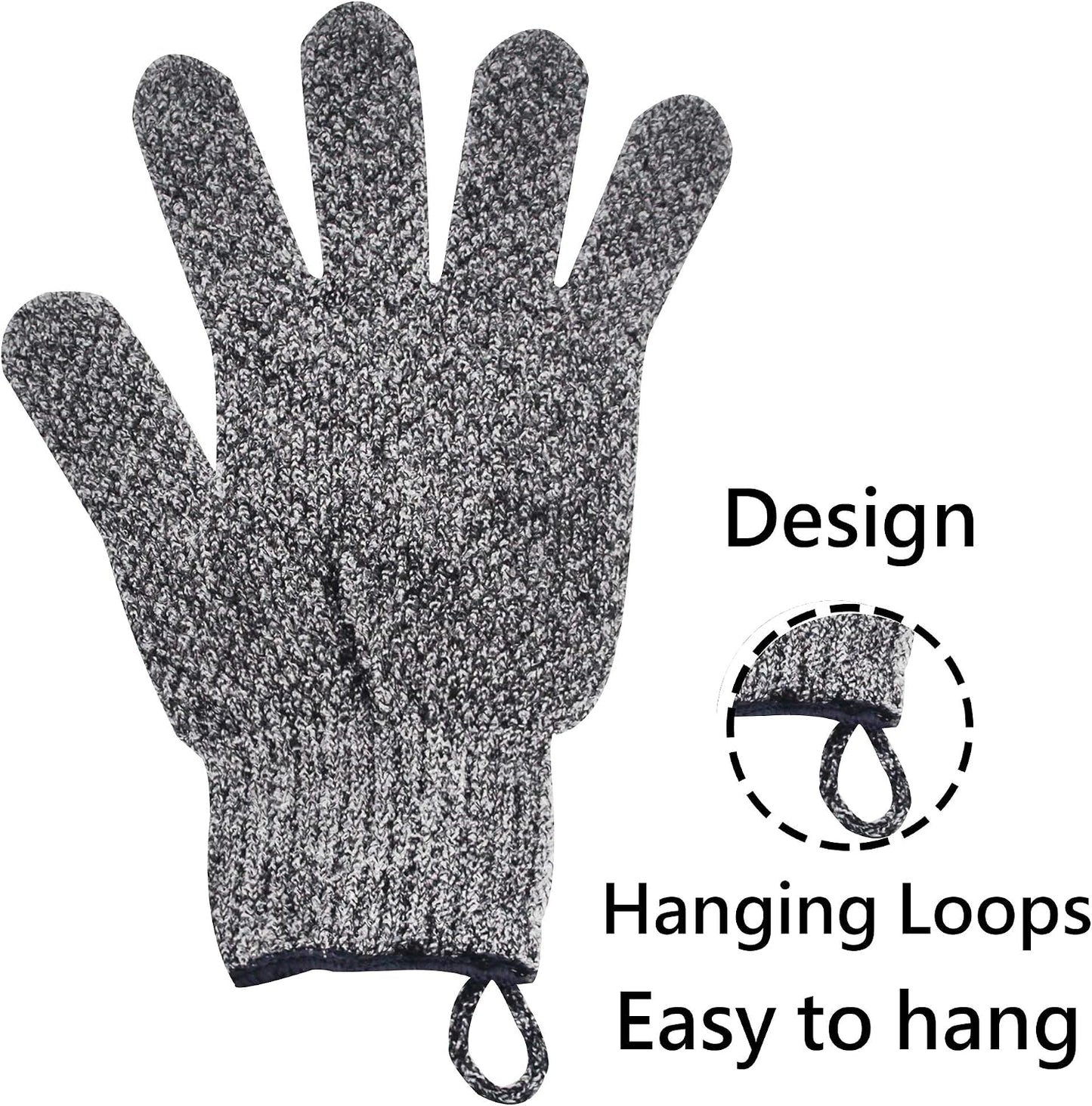 Exfoliating Gloves with Hanging Loop - 1 Pair Bamboo Charcoal Bath/Shower Gloves, Bath Gloves for Shower Exfoliating and Ingrown Hair/Dead Skin Remover - Bamboo Charcoal - Exfoliator Mitt Scrub Gloves