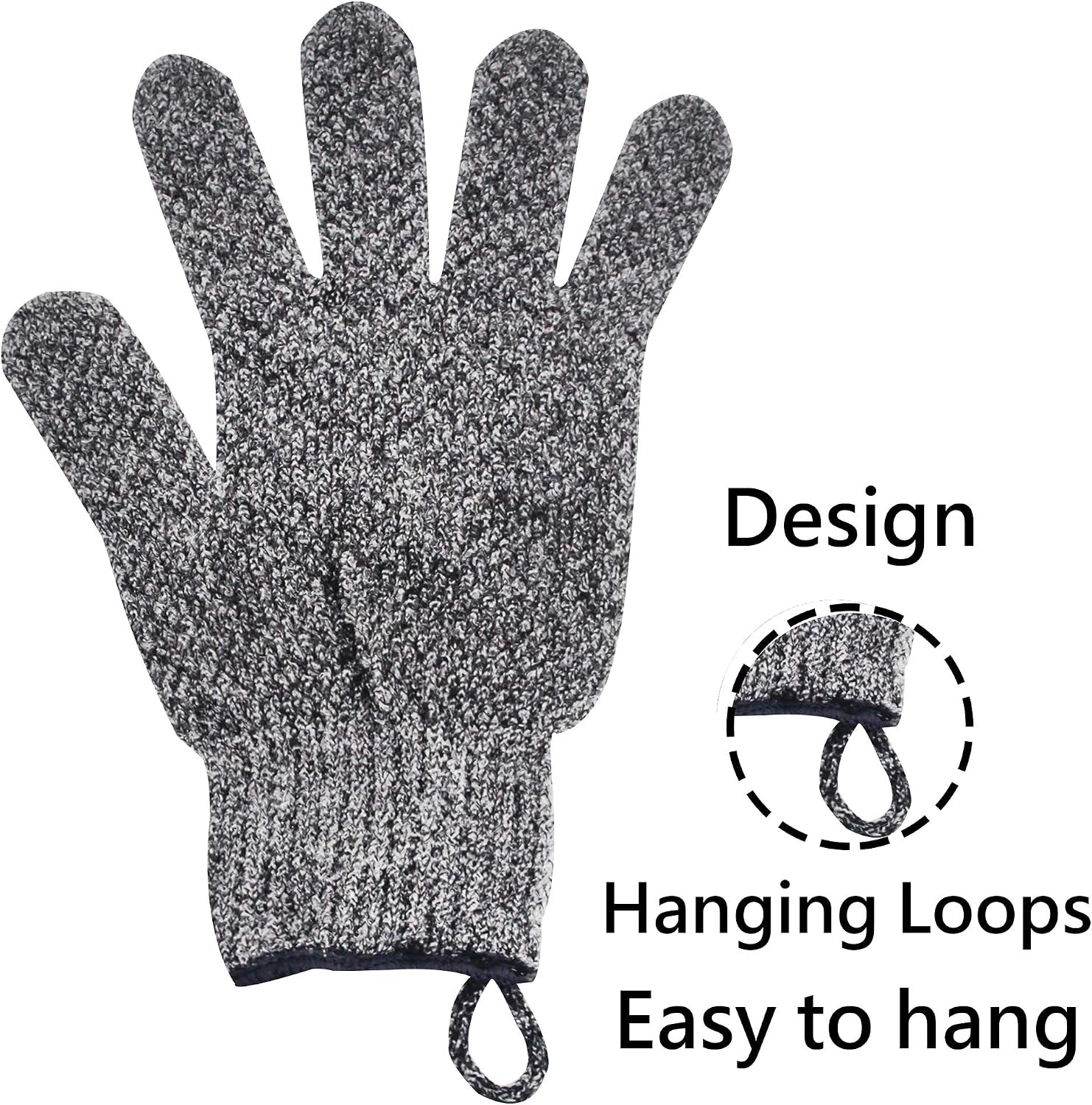 Exfoliating Gloves with Hanging Loop - 1 Pair Bamboo Charcoal Bath/Shower Gloves, Bath Gloves for Shower Exfoliating and Ingrown Hair/Dead Skin Remover - Bamboo Charcoal - Exfoliator Mitt Scrub Gloves