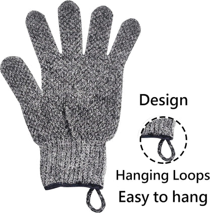 Exfoliating Gloves with Hanging Loop - 1 Pair Bamboo Charcoal Bath/Shower Gloves, Bath Gloves for Shower Exfoliating and Ingrown Hair/Dead Skin Remover - Bamboo Charcoal - Exfoliator Mitt Scrub Gloves