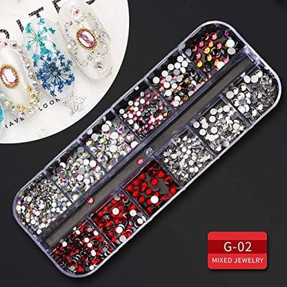 9 Boxes Nail Rhinestones Glitter Gems Diamonds Studs Crystals Sequins Kit with 1 Tweezers and 3 Pen for Nail Art Supplies Accessories