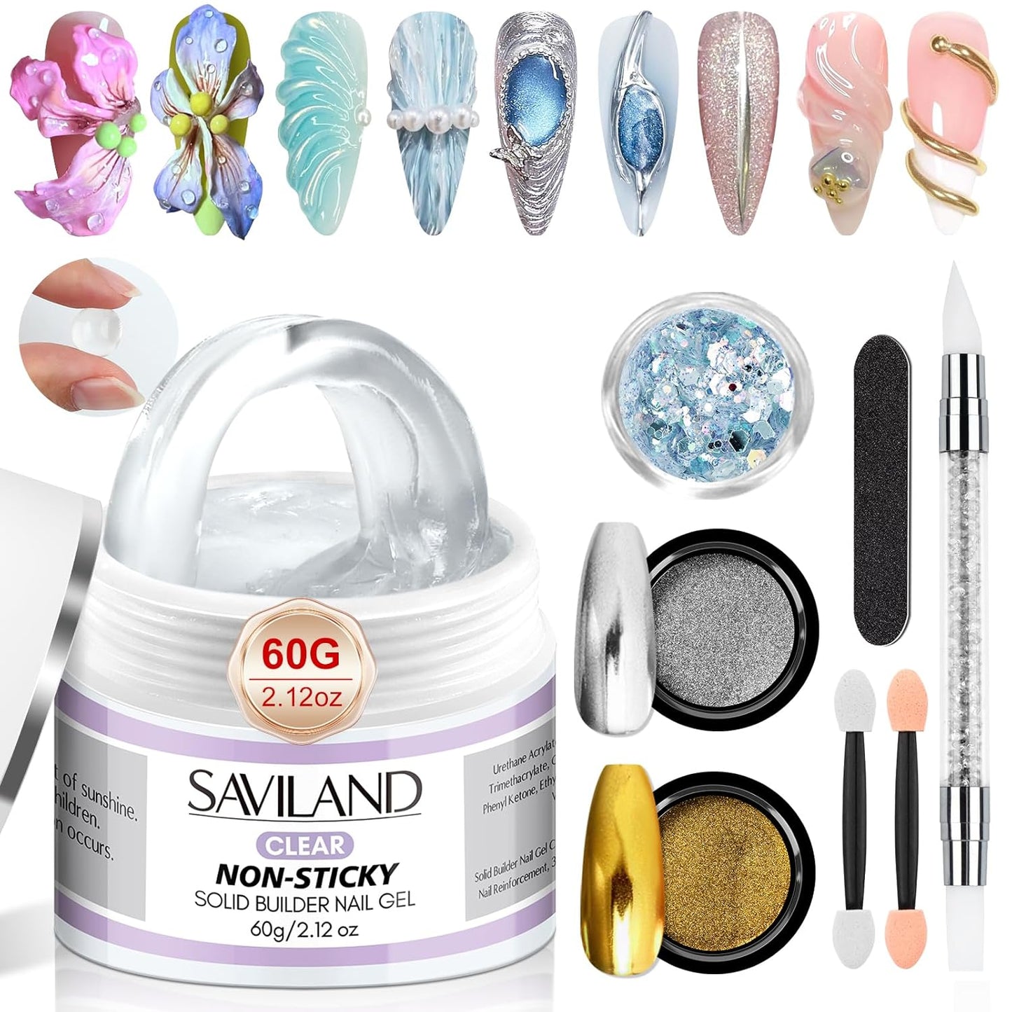 Solid Builder Nail Gel - 60G/2.02Oz Non-Sticky 3D Nail Gels Sculpting Gel for Art Hand Carving Glue Extension with Sequins Chrome Powder DIY Nails Art Salon Home, Beginner Friendly