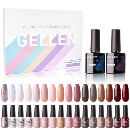 Gel Nail Polish Kit, 16 Colors Gel Polish Nudes Pink Red Brown Soak off Nail Gel Polish Set with Top and Base Coat, UV Nail Gel DIY Salon Nail Art Valentine Gift for Women