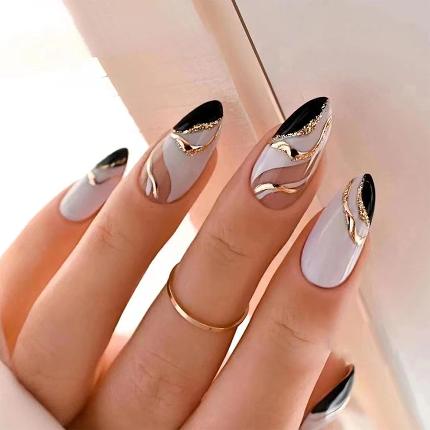Black Press on Nails Medium Almond Fake Nails Matte False Nails Press Ons with Designs French Tip Acrylic Full Cover Glue on Nails Halloween Stick on Nail for Women Manicure 24 Pcs