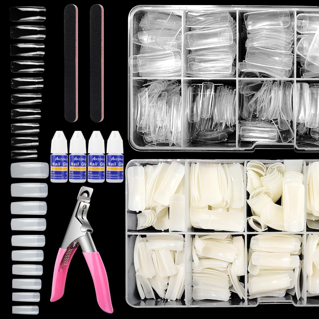 1000-Piece Acrylic Nail Tip Kit | Square & Coffin False Nail Tips with Manicure Tools