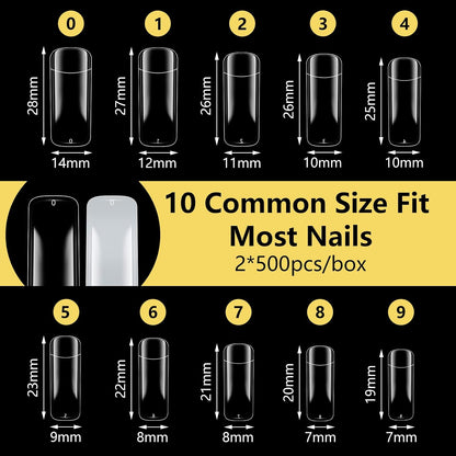 1000-Piece Acrylic Nail Tip Kit | Square & Coffin False Nail Tips with Manicure Tools