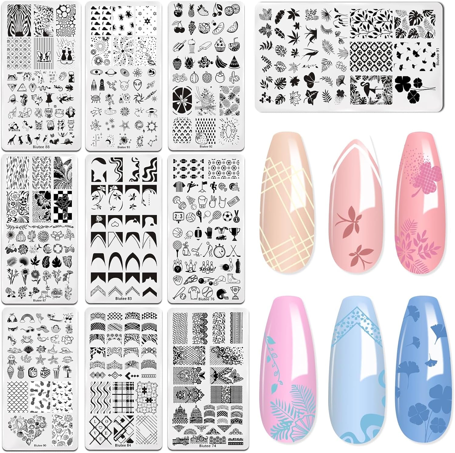 Nail Art Stamping Plates Set 10PCS French Line Stamp Templates, Nail Stamping Kit with Silicone Nail Stamper for DIY Print Manicure Salon Design Gift in Home