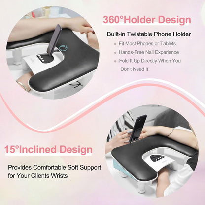 Big Arm Rest for Nails Tech with Nail Mat and Rotating Phone Holder: 3Nd Generation U-Shaped Manicure Nail Arm Rest Stand Height Adjustable Armrest for Acrylic Nails(Black)
