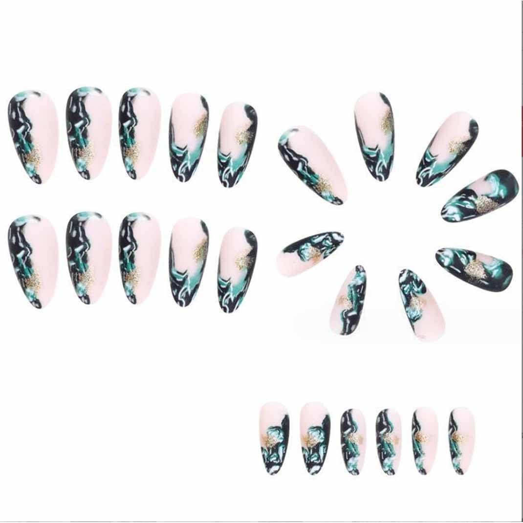 Almond Press-On Nails | Glossy Nude & Black Full Cover False Nails | 24-Piece Reusable Nail Set