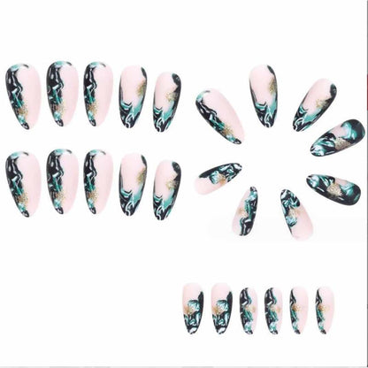 Almond Press-On Nails | Glossy Nude & Black Full Cover False Nails | 24-Piece Reusable Nail Set
