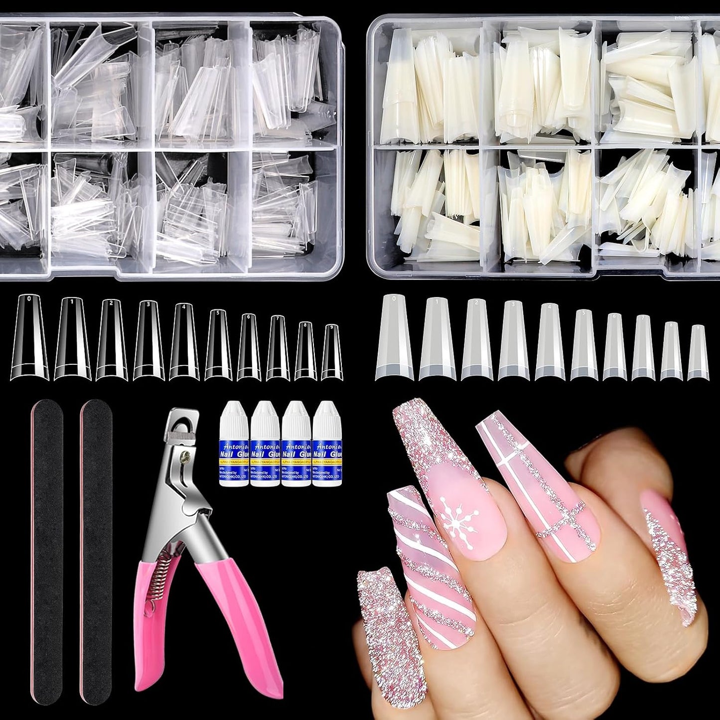 1000-Piece Acrylic Nail Tip Kit | Square & Coffin False Nail Tips with Manicure Tools