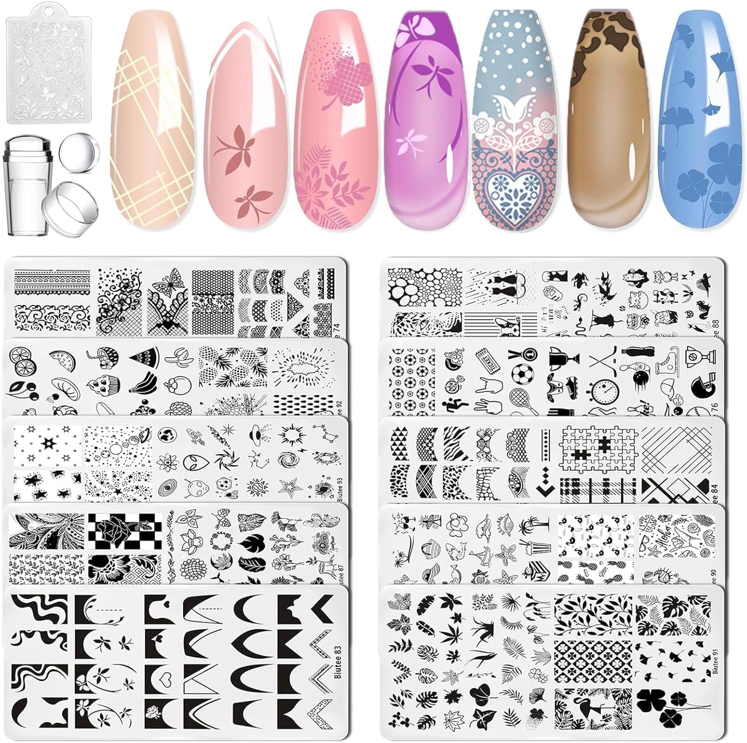 Nail Art Stamping Plates Set 10PCS French Line Stamp Templates, Nail Stamping Kit with Silicone Nail Stamper for DIY Print Manicure Salon Design Gift in Home