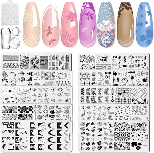 Nail Art Stamping Plates Set 10PCS French Line Stamp Templates, Nail Stamping Kit with Silicone Nail Stamper for DIY Print Manicure Salon Design Gift in Home
