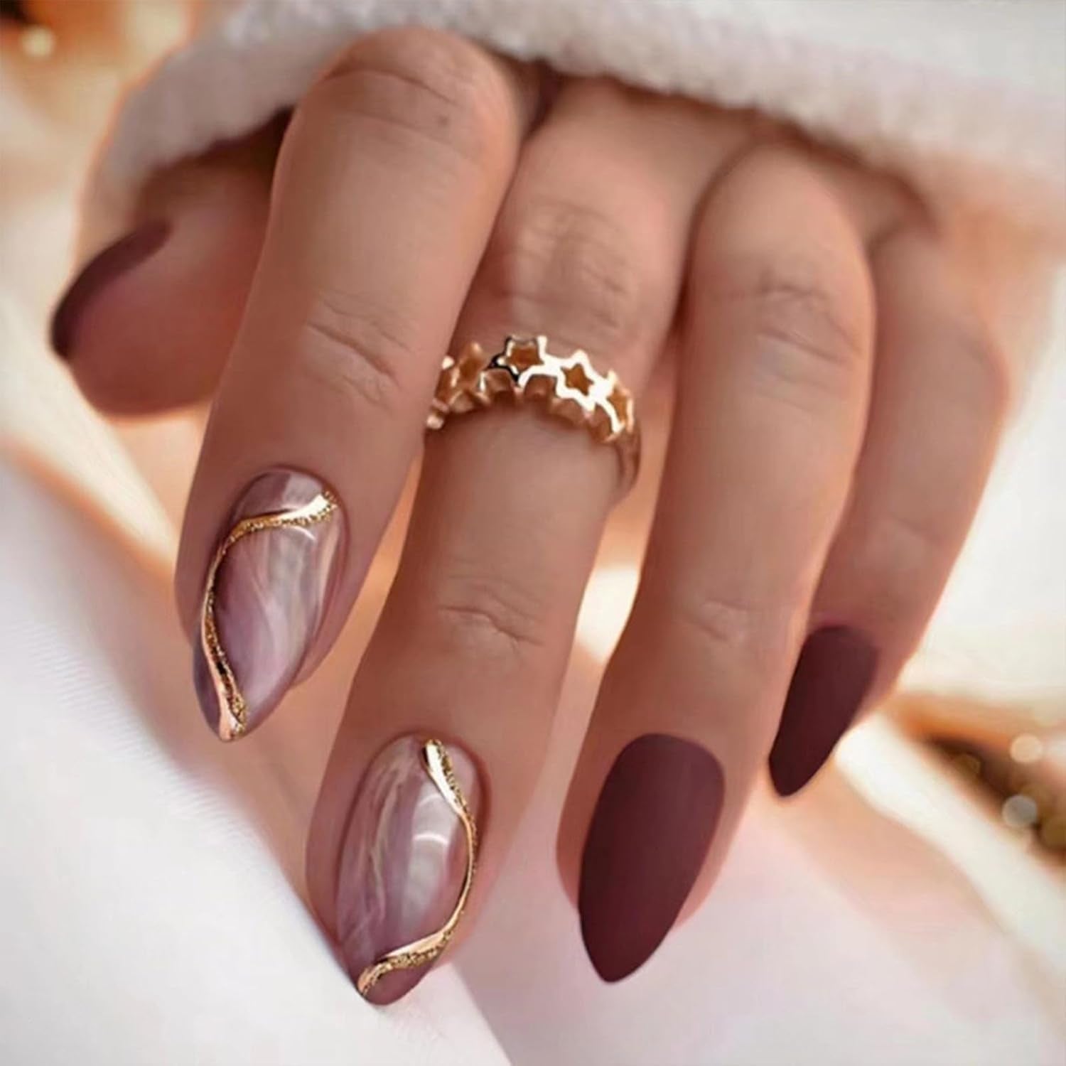 Black Press on Nails Medium Almond Fake Nails Matte False Nails Press Ons with Designs French Tip Acrylic Full Cover Glue on Nails Halloween Stick on Nail for Women Manicure 24 Pcs